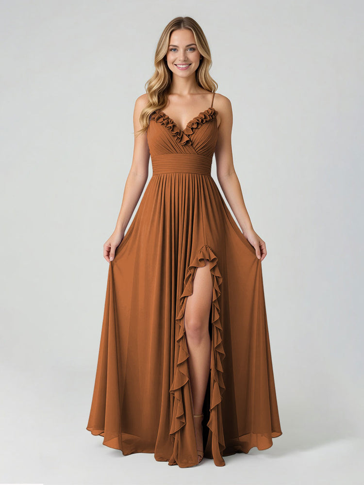 Chiffon A-Line Spaghetti Straps Slit Bridesmaid Dresses