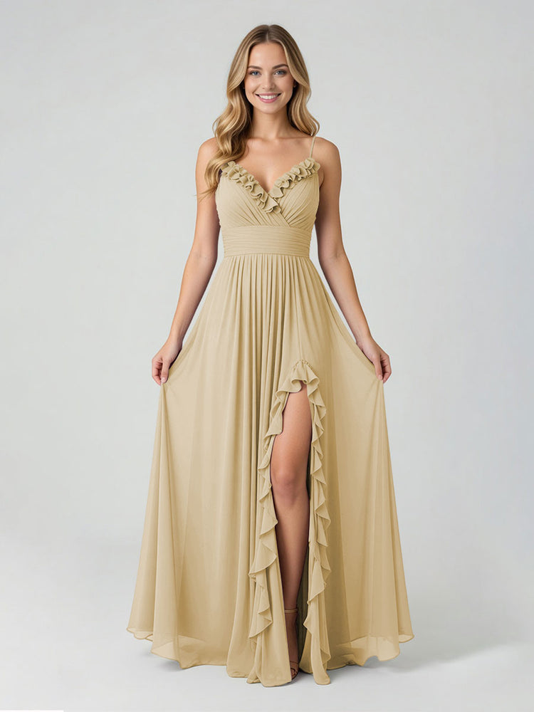 Chiffon A-Line Spaghetti Straps Slit Bridesmaid Dresses