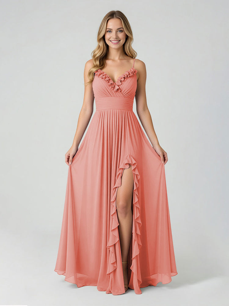 Chiffon A-Line Spaghetti Straps Slit Bridesmaid Dresses