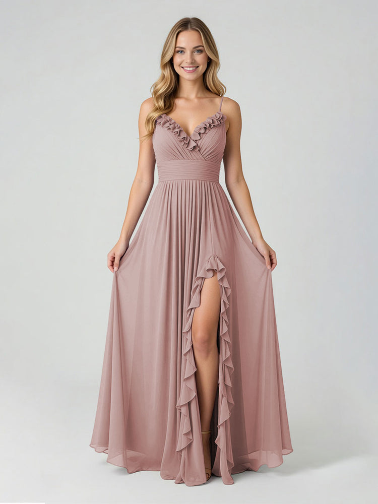 Chiffon A-Line Spaghetti Straps Slit Bridesmaid Dresses