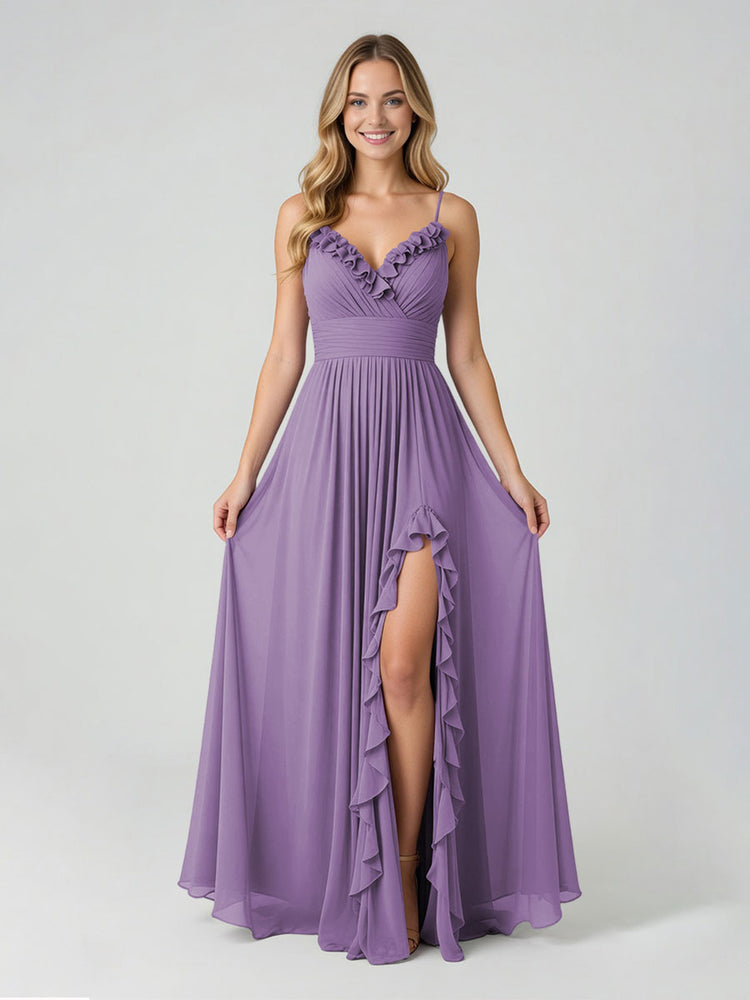 Chiffon A-Line Spaghetti Straps Slit Bridesmaid Dresses