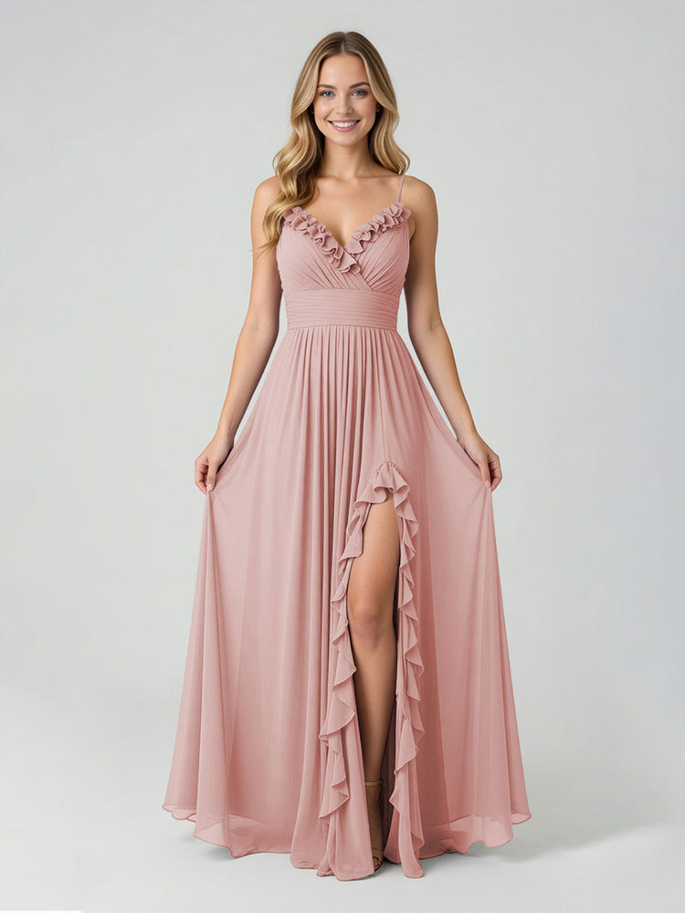 Chiffon A-Line Spaghetti Straps Slit Bridesmaid Dresses