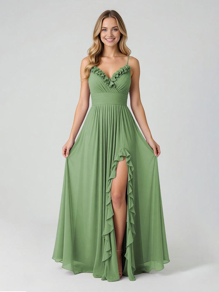 Chiffon A-Line Spaghetti Straps Slit Bridesmaid Dresses