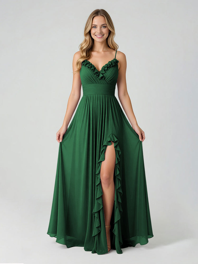 Chiffon A-Line Spaghetti Straps Slit Bridesmaid Dresses