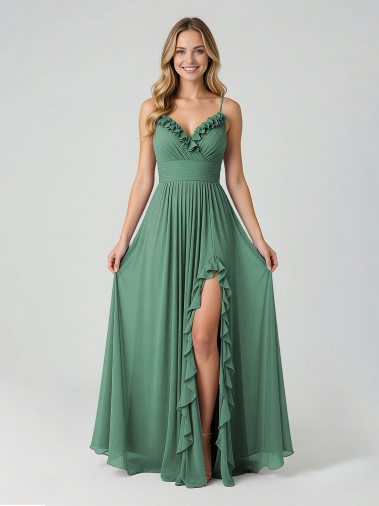 Chiffon A-Line Spaghetti Straps Slit Bridesmaid Dresses