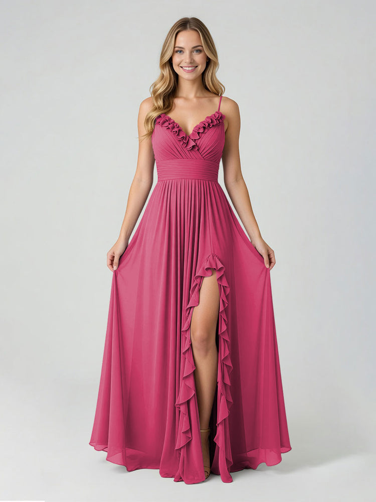 Chiffon A-Line Spaghetti Straps Slit Bridesmaid Dresses