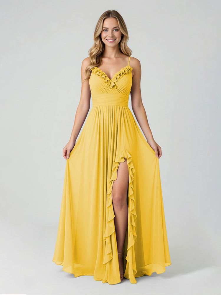 Chiffon A-Line Spaghetti Straps Slit Bridesmaid Dresses