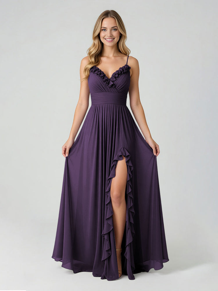 Chiffon A-Line Spaghetti Straps Slit Bridesmaid Dresses
