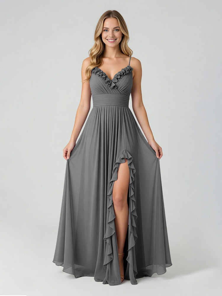 Chiffon A-Line Spaghetti Straps Slit Bridesmaid Dresses