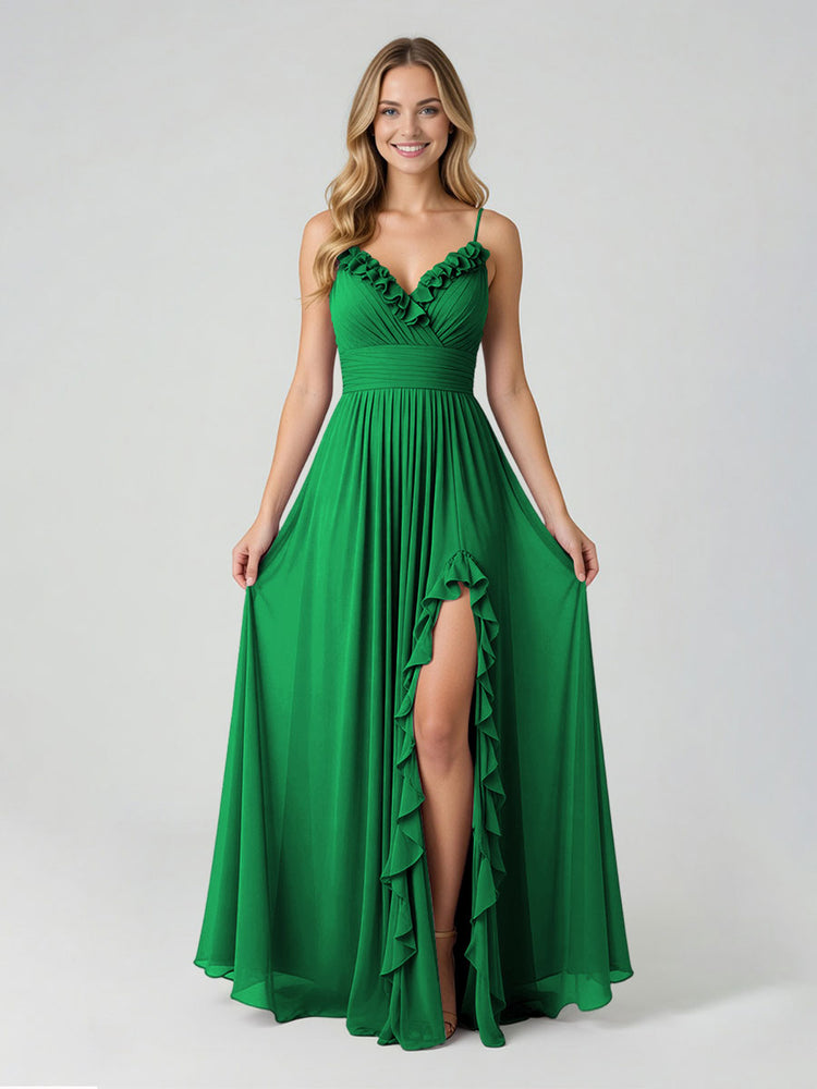 Chiffon A-Line Spaghetti Straps Slit Bridesmaid Dresses