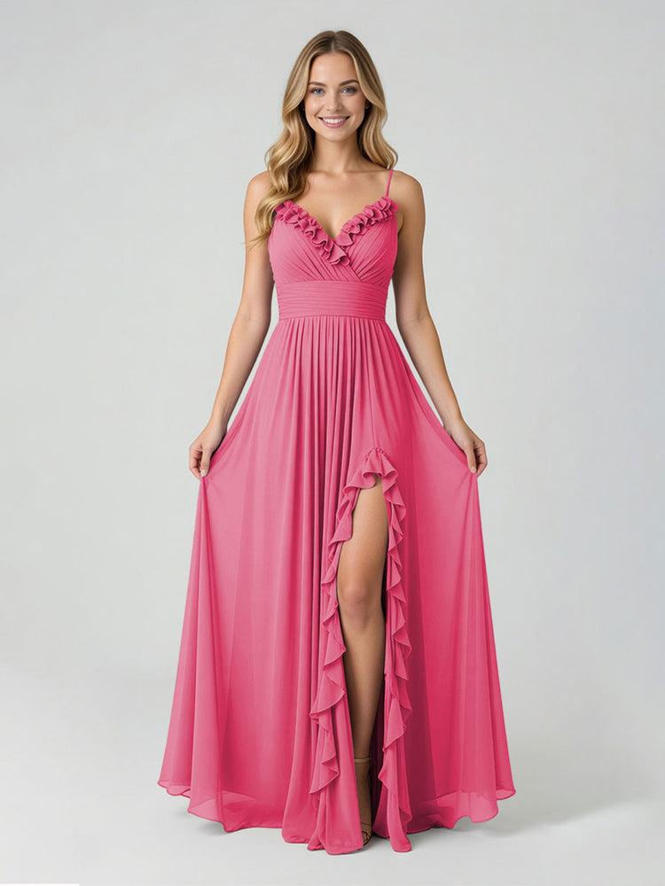 Chiffon A-Line Spaghetti Straps Slit Bridesmaid Dresses