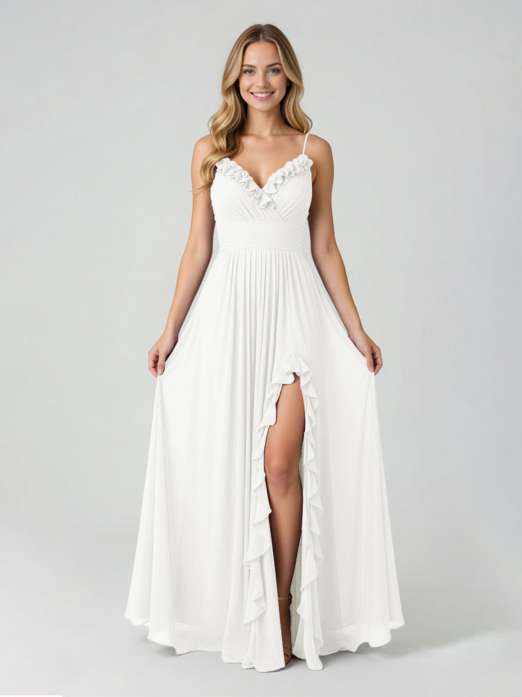 Chiffon A-Line Spaghetti Straps Slit Bridesmaid Dresses