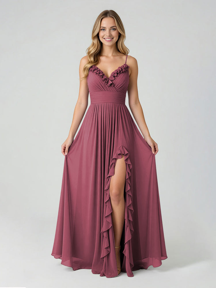Chiffon A-Line Spaghetti Straps Slit Bridesmaid Dresses