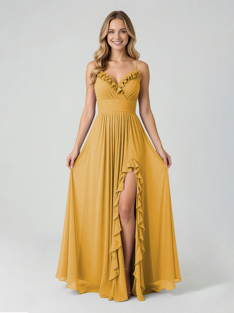 Chiffon A-Line Spaghetti Straps Slit Bridesmaid Dresses