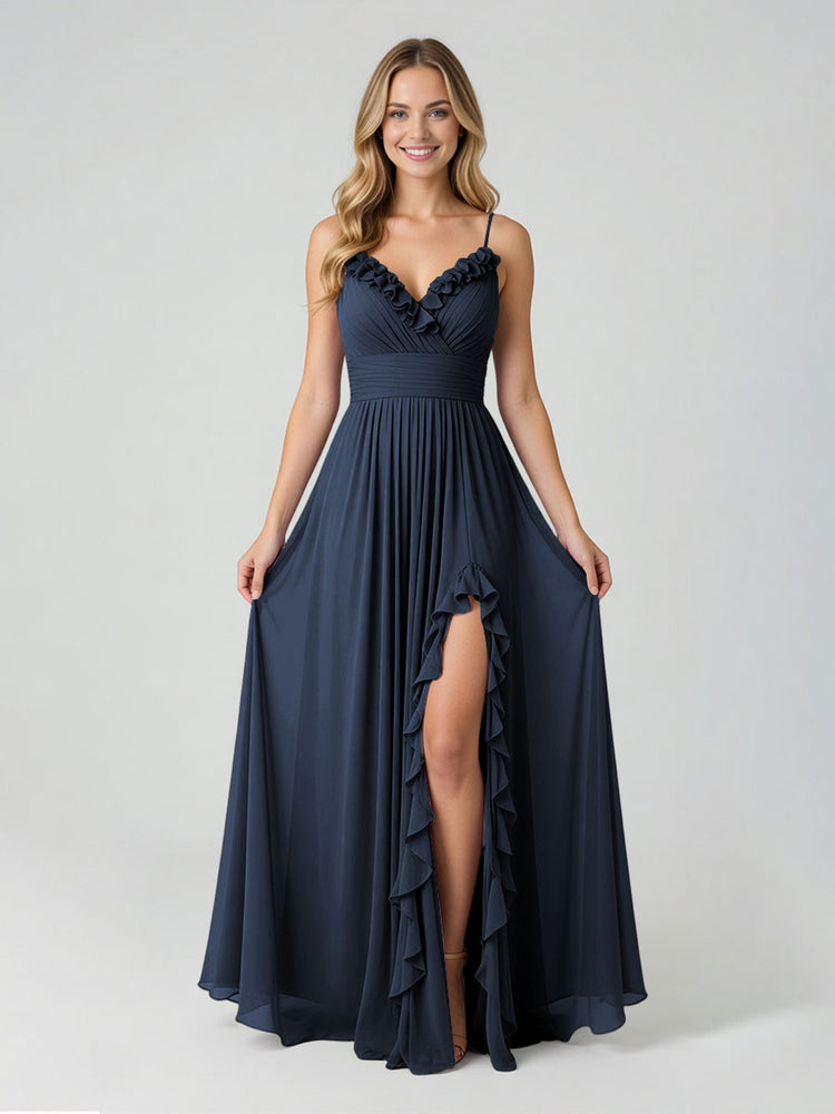 Chiffon A-Line Spaghetti Straps Slit Bridesmaid Dresses