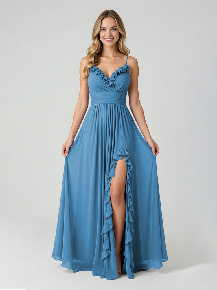 Chiffon A-Line Spaghetti Straps Slit Bridesmaid Dresses