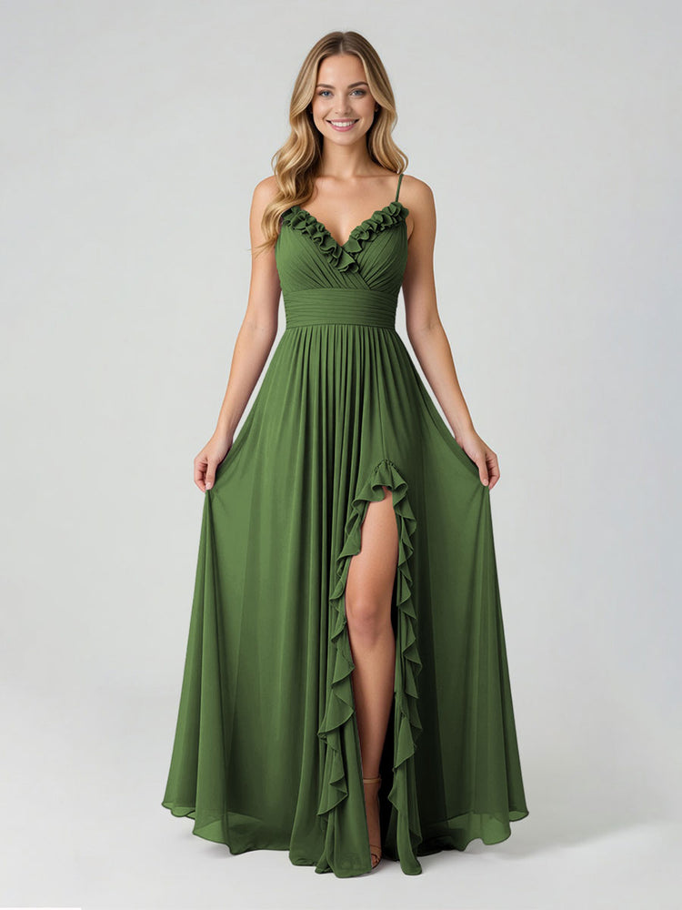 Chiffon A-Line Spaghetti Straps Slit Bridesmaid Dresses