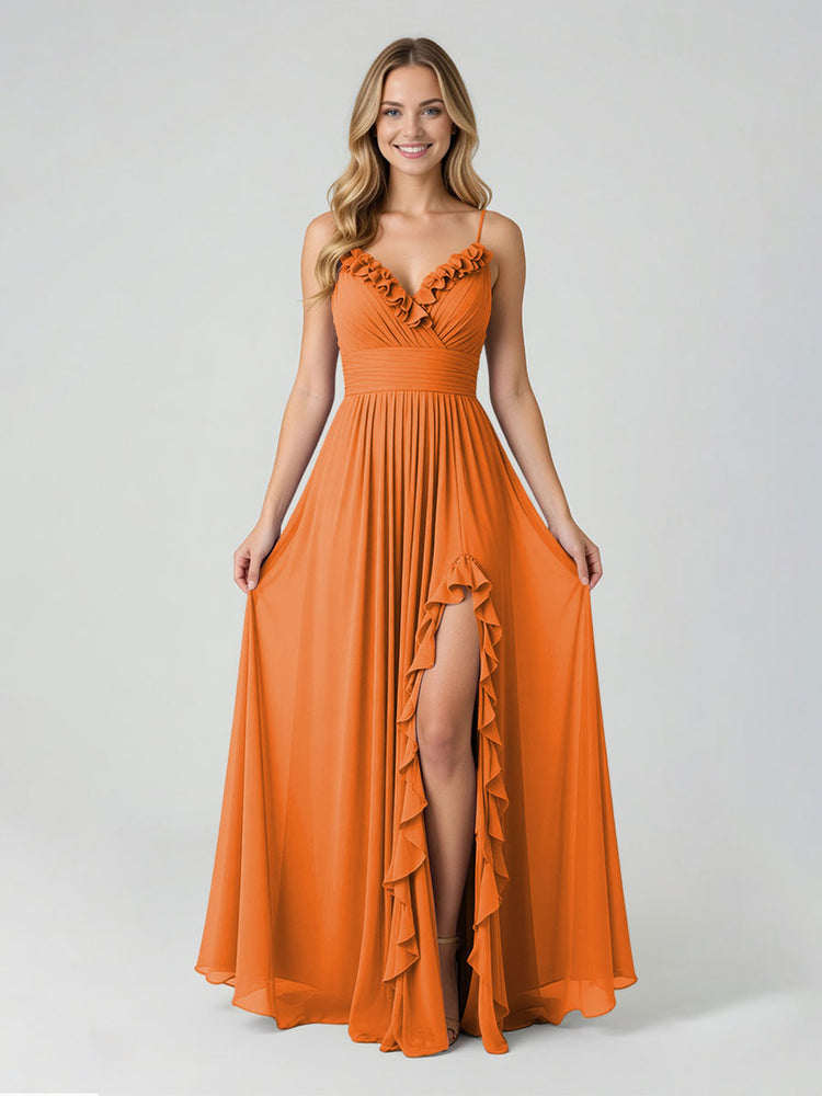 Chiffon A-Line Spaghetti Straps Slit Bridesmaid Dresses