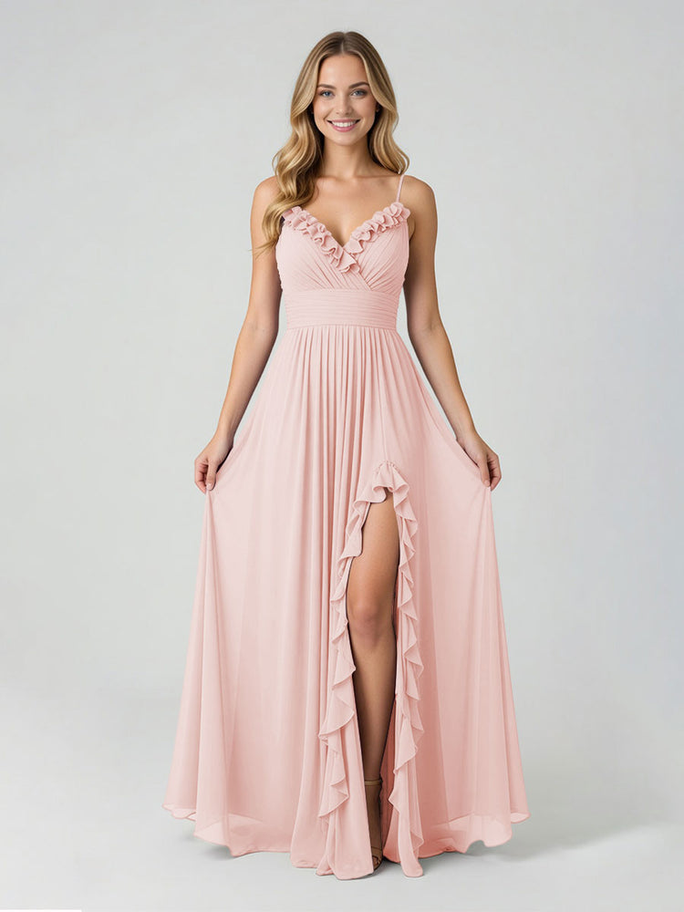 Chiffon A-Line Spaghetti Straps Slit Bridesmaid Dresses