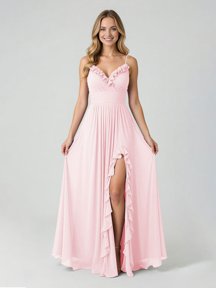 Chiffon A-Line Spaghetti Straps Slit Bridesmaid Dresses