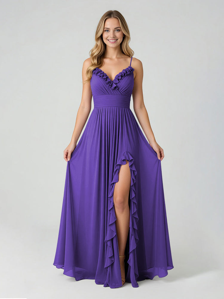 Chiffon A-Line Spaghetti Straps Slit Bridesmaid Dresses