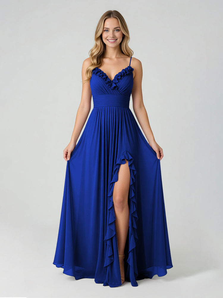 Chiffon A-Line Spaghetti Straps Slit Bridesmaid Dresses