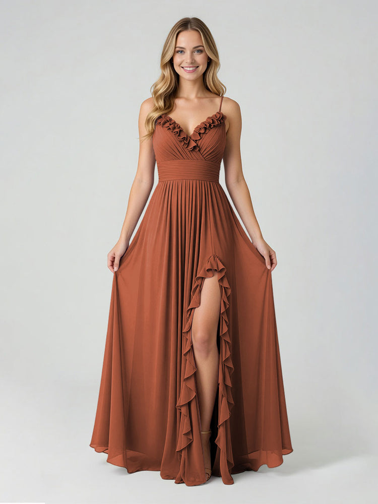 Chiffon A-Line Spaghetti Straps Slit Bridesmaid Dresses