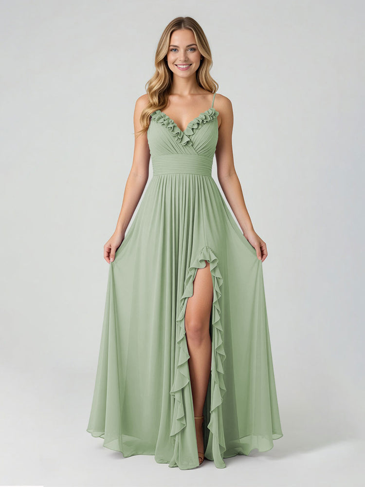 Chiffon A-Line Spaghetti Straps Slit Bridesmaid Dresses