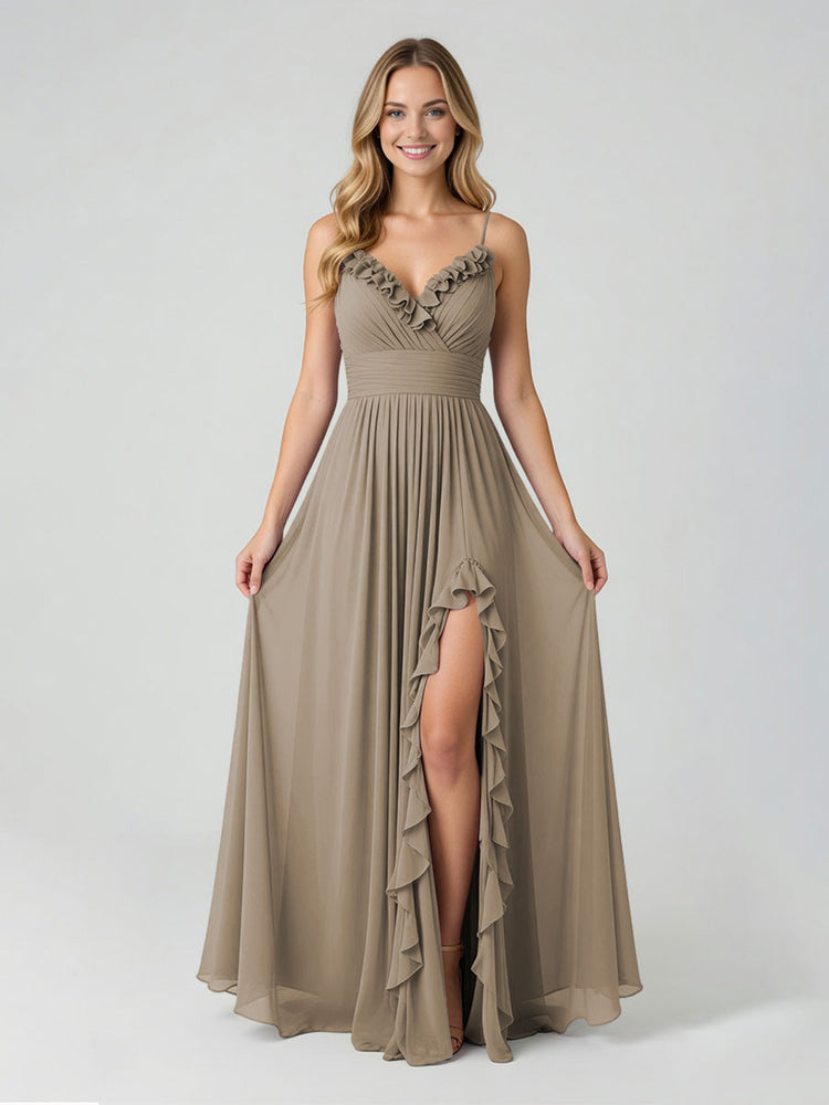 Chiffon A-Line Spaghetti Straps Slit Bridesmaid Dresses