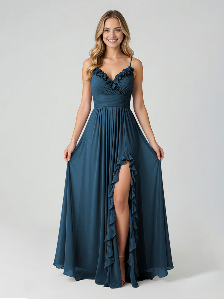 Chiffon A-Line Spaghetti Straps Slit Bridesmaid Dresses