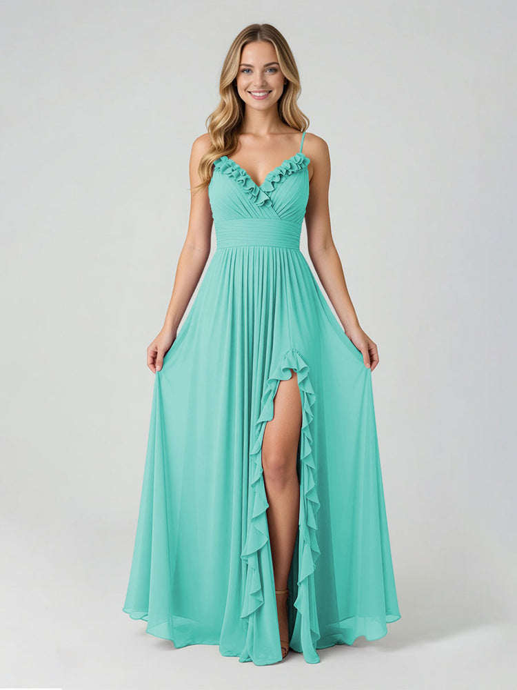Chiffon A-Line Spaghetti Straps Slit Bridesmaid Dresses