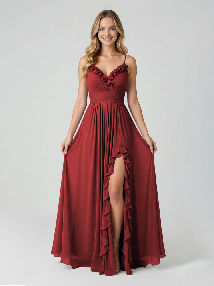Chiffon A-Line Spaghetti Straps Slit Bridesmaid Dresses
