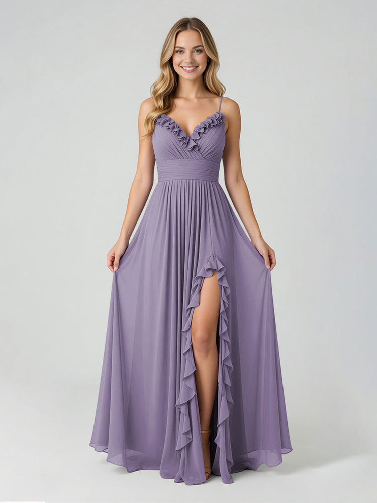 Chiffon A-Line Spaghetti Straps Slit Bridesmaid Dresses