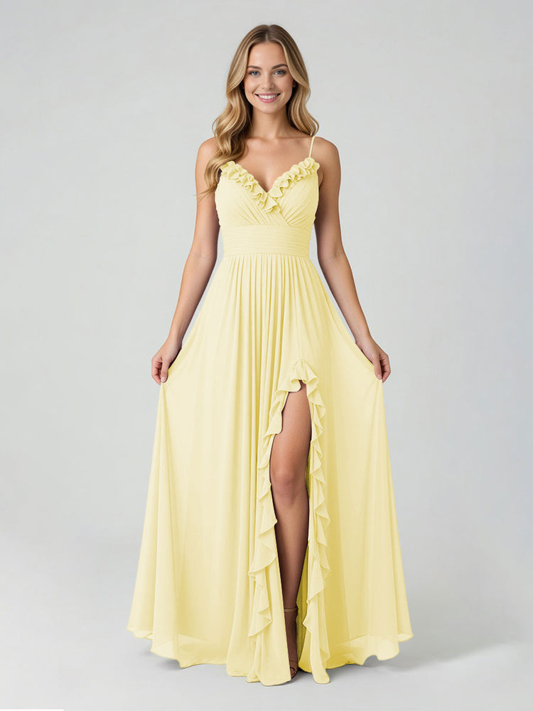 Chiffon A-Line Spaghetti Straps Slit Bridesmaid Dresses