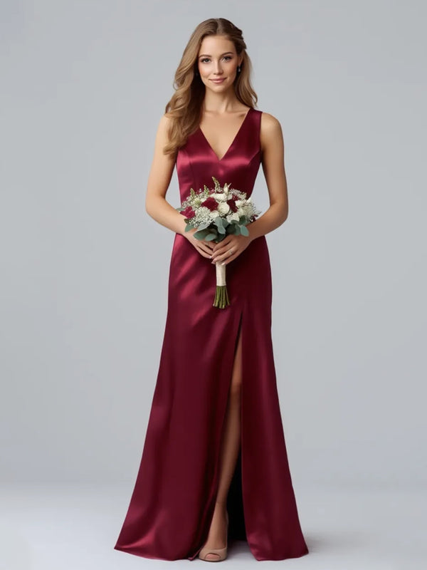 Satin Mermaid V Neck Front Slit Bridesmaid Dresses