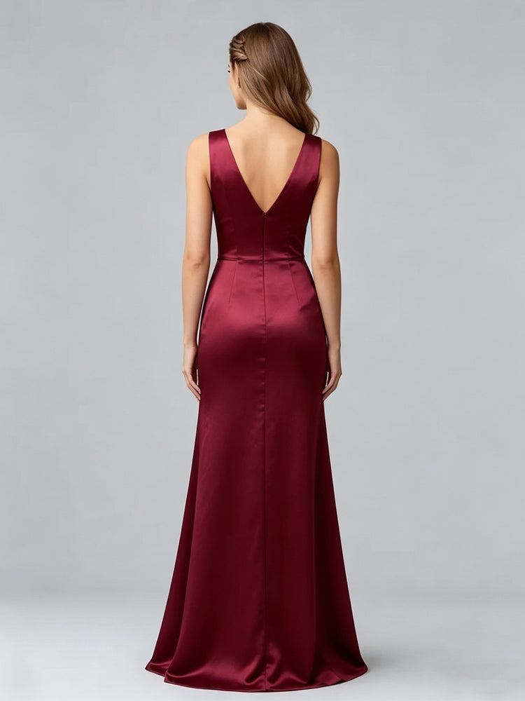 Satin Mermaid V Neck Front Slit Bridesmaid Dresses