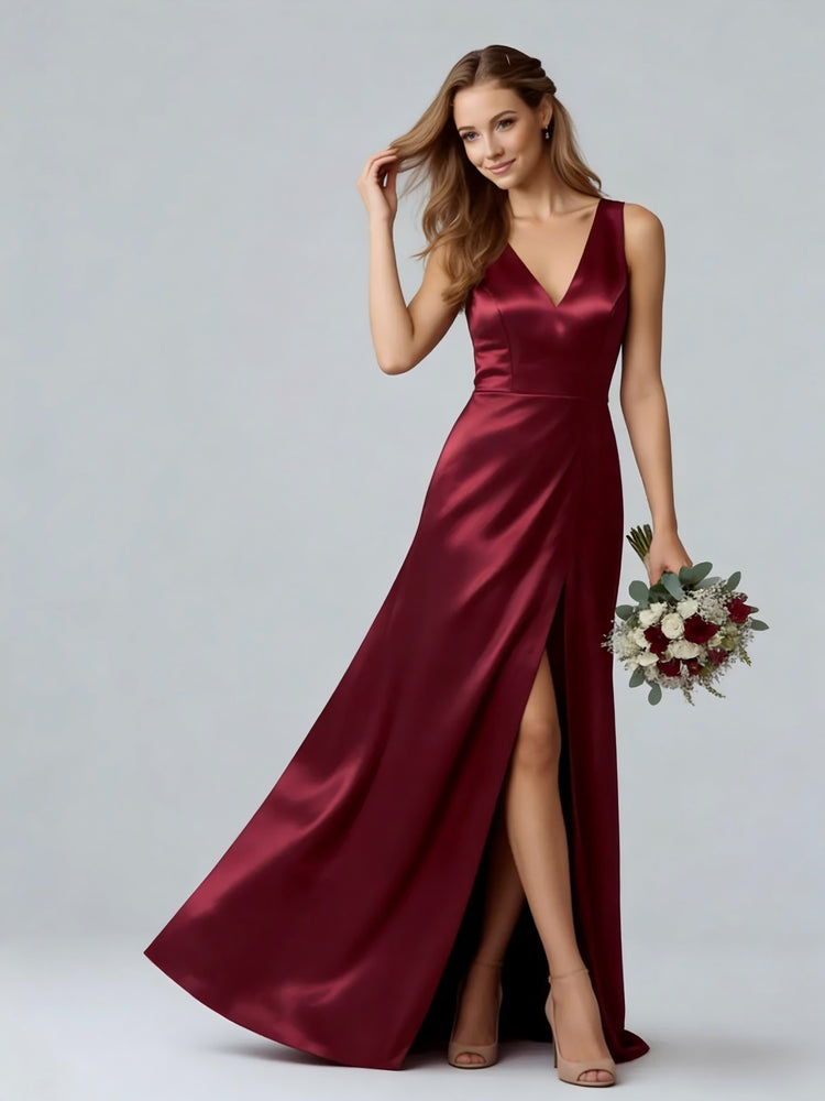 Satin Mermaid V Neck Front Slit Bridesmaid Dresses