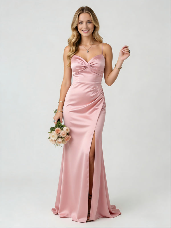 Satin Mermaid Spaghetti Straps Side Slit Bridesmaid Dresses