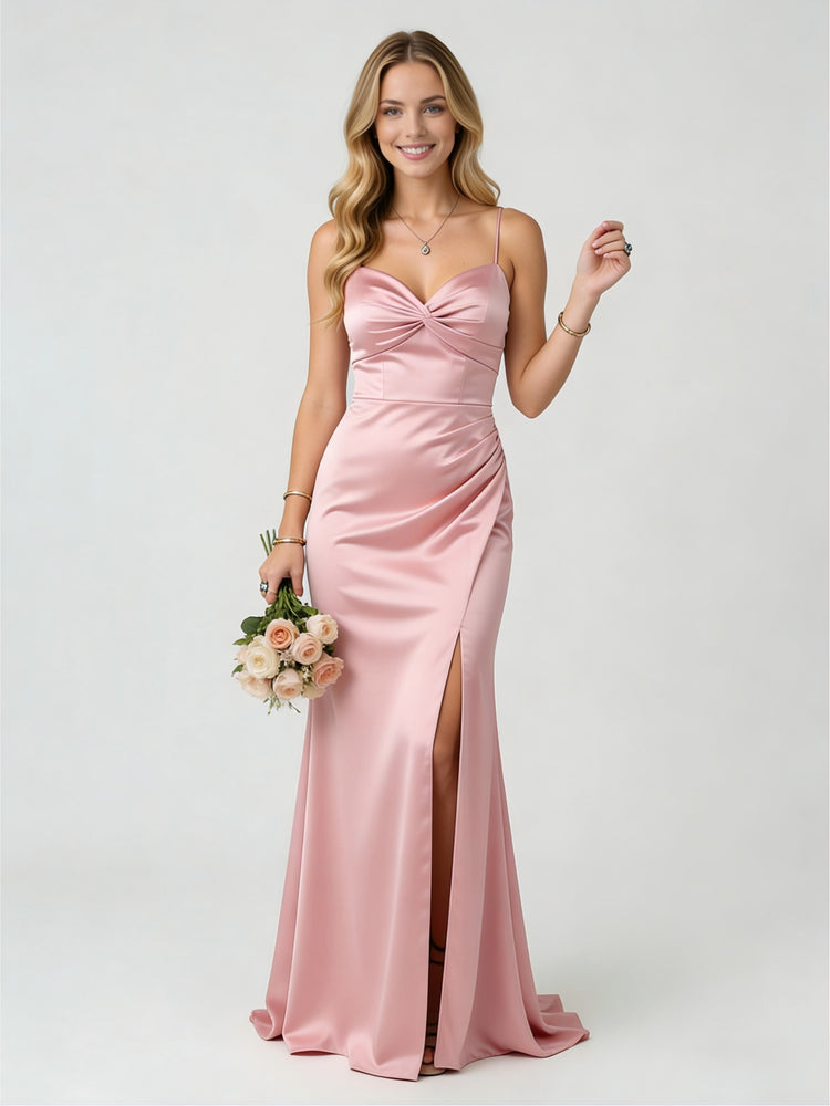 Satin Mermaid Spaghetti Straps Side Slit Bridesmaid Dresses