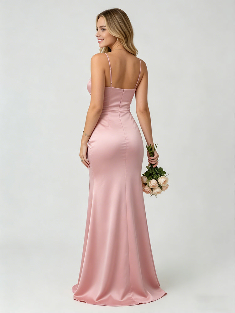 Satin Mermaid Spaghetti Straps Side Slit Bridesmaid Dresses