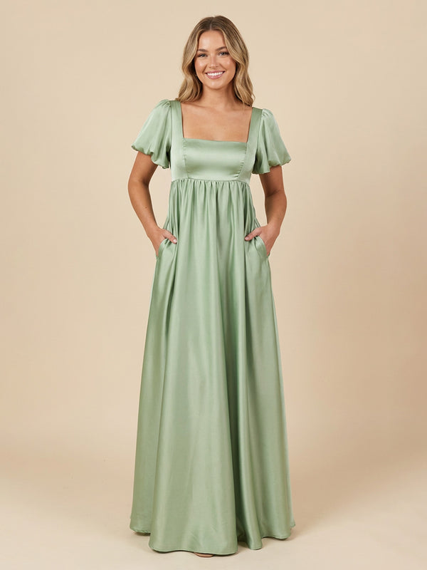 Satin A-Line Square Neck Long Bridesmaid Dresses