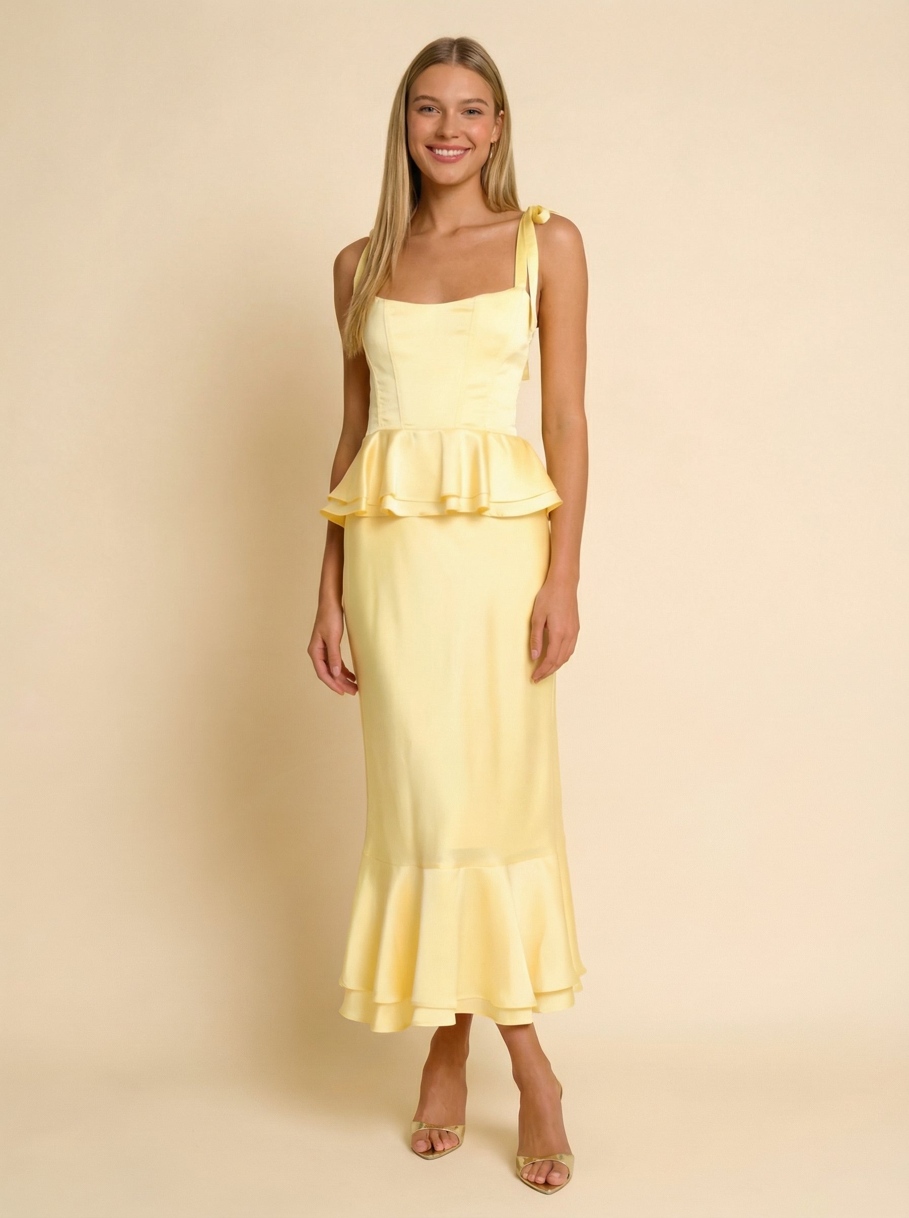 2 Pieces Satin Mermaid Square Neck Long Bridesmaid Dresses