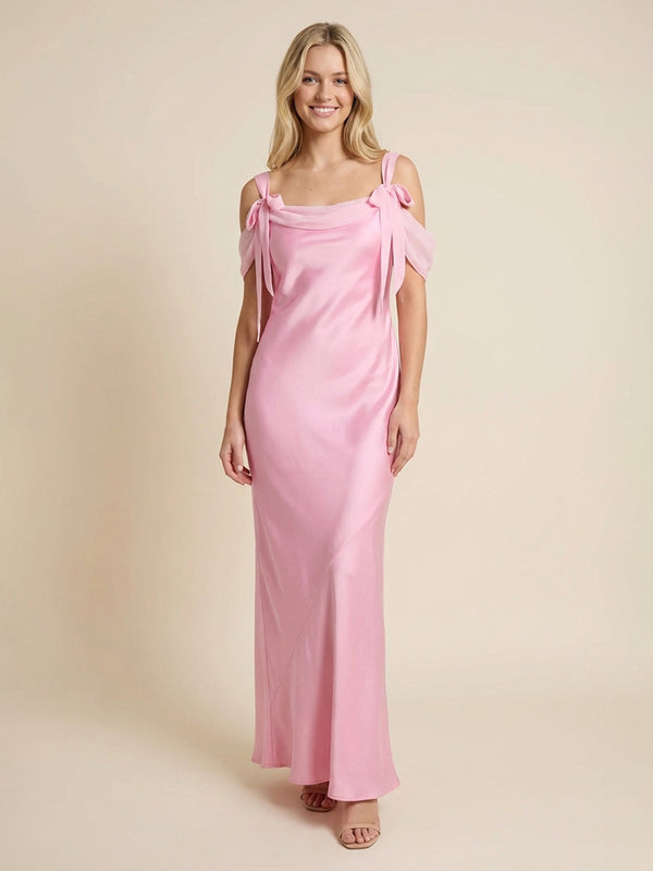 Satin Sheath Cowl Neck Long Simple Bridesmaid Dresses