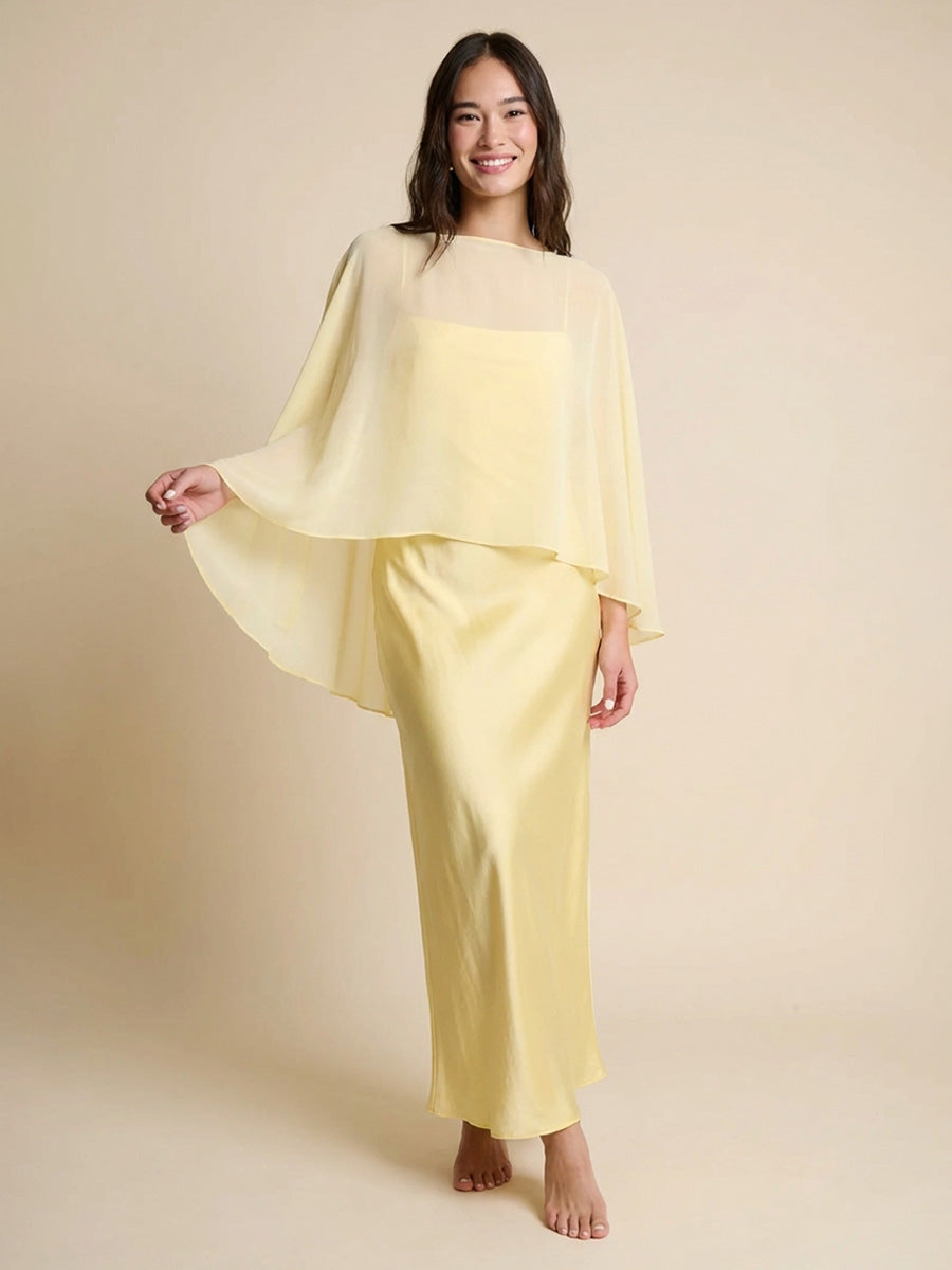 Satin Sheath Spaghetti Straps Long Bridesmaid Dresses with Cape