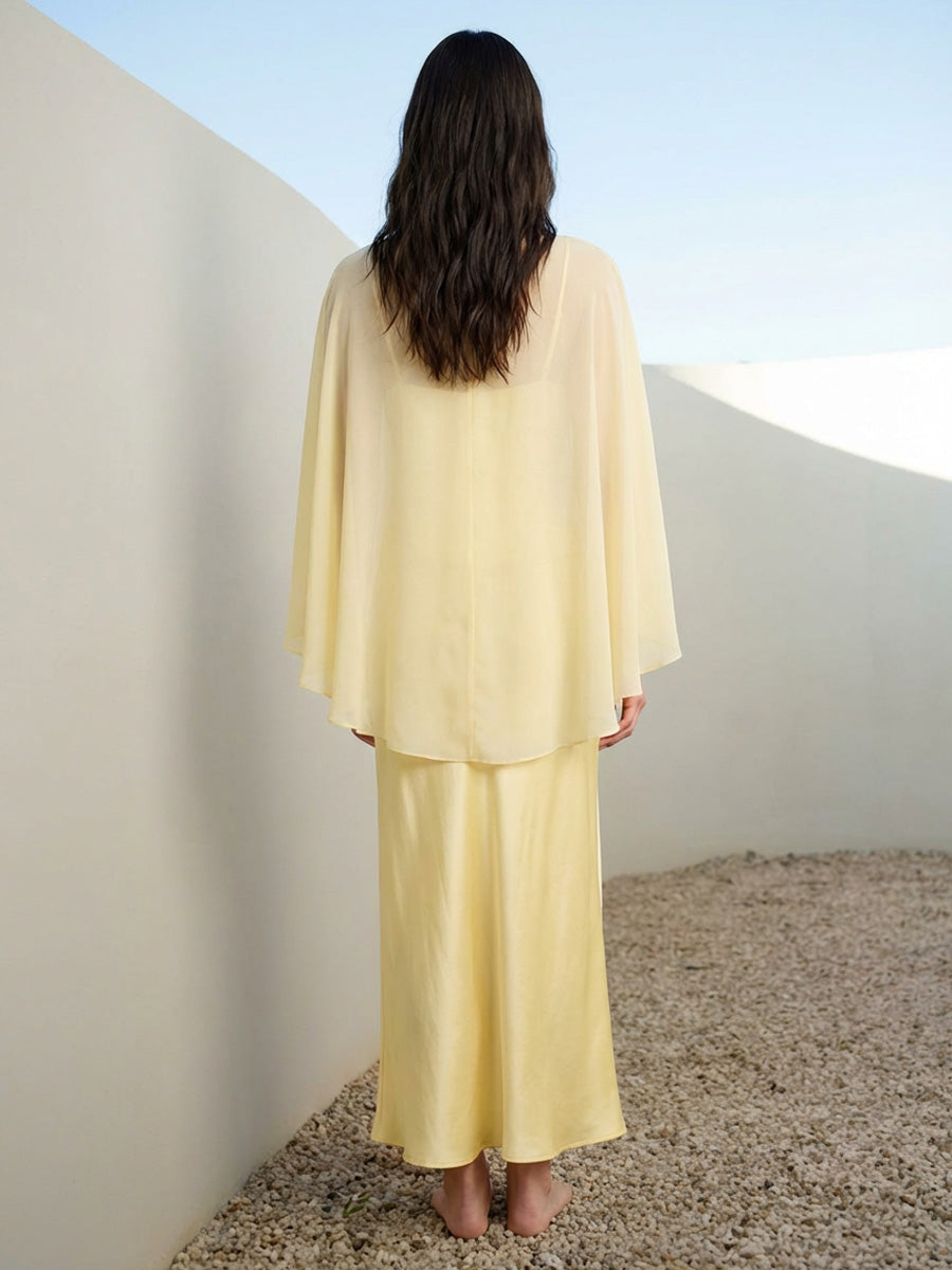 Satin Sheath Spaghetti Straps Long Bridesmaid Dresses with Cape