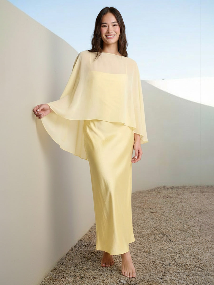 Satin Sheath Spaghetti Straps Long Bridesmaid Dresses with Cape