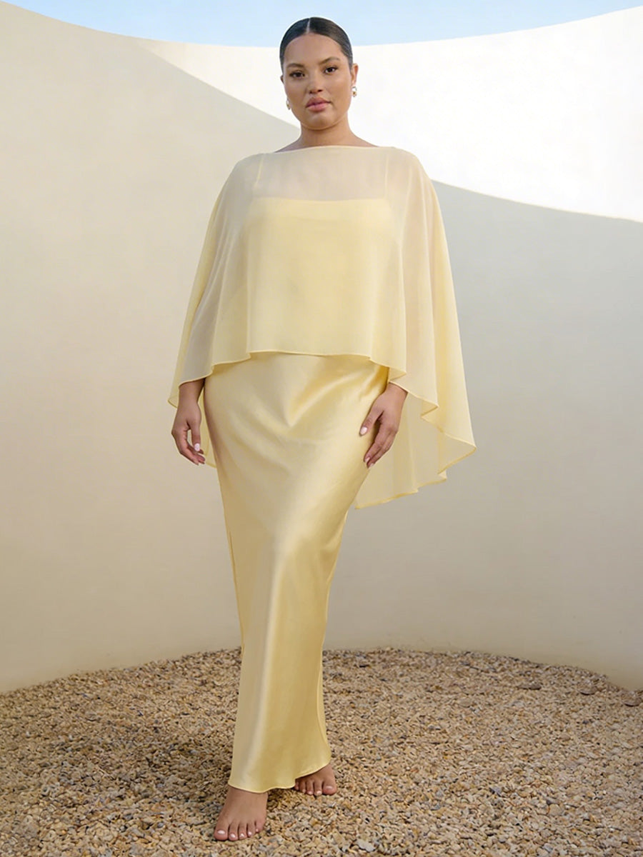 Satin Sheath Spaghetti Straps Long Bridesmaid Dresses with Cape