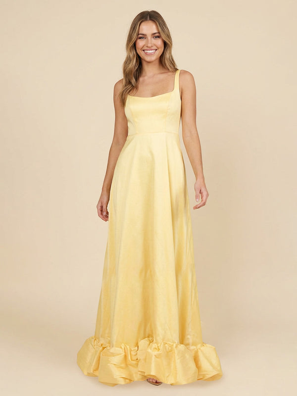 Satin A-Line Spaghetti Straps Long Ruffled Bridesmaid Dresses