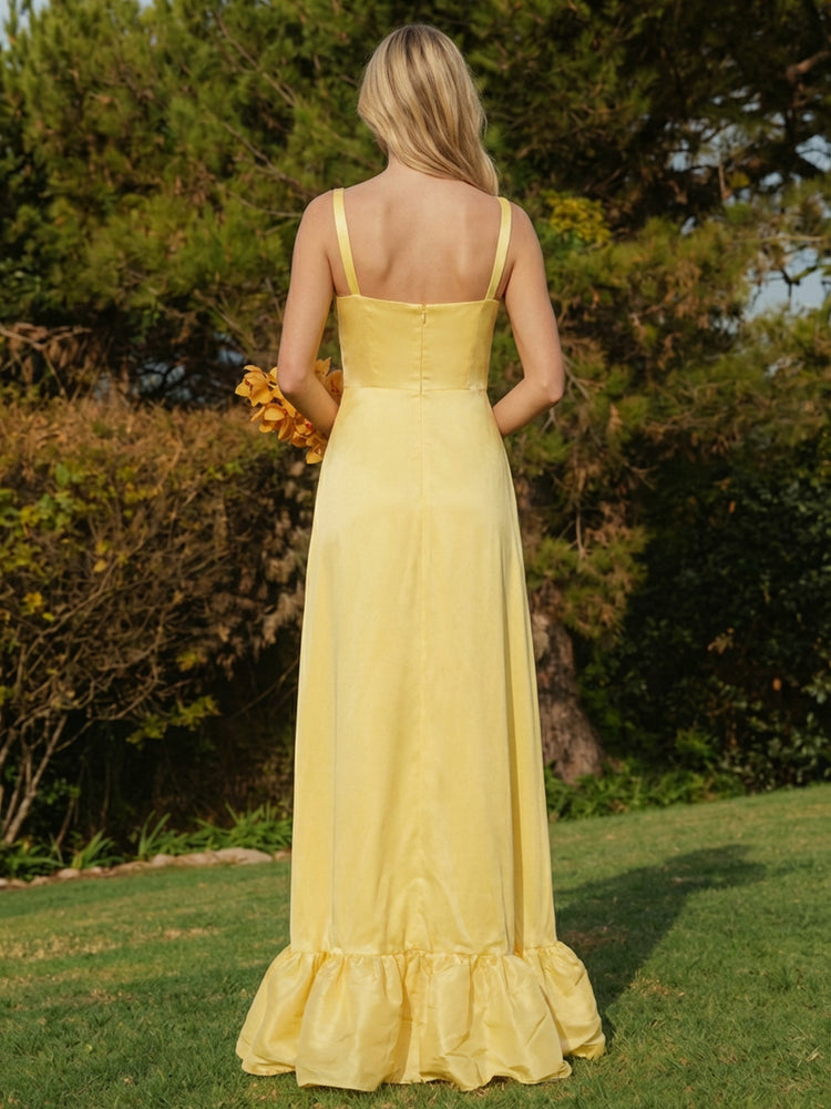 Satin A-Line Spaghetti Straps Long Ruffled Bridesmaid Dresses