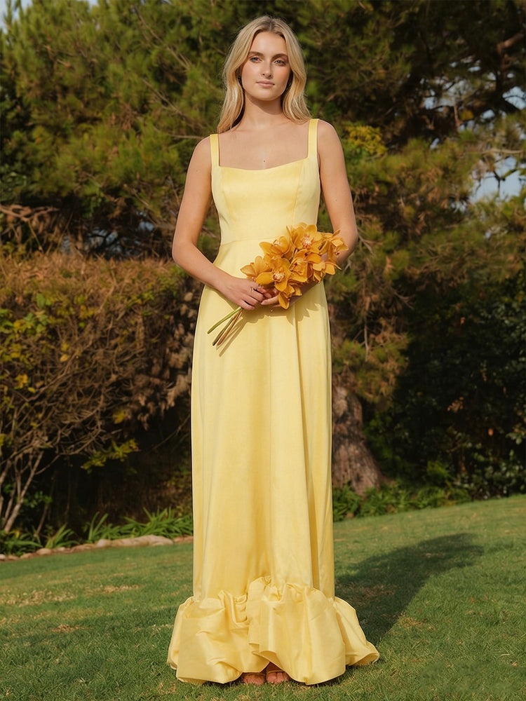 Satin A-Line Spaghetti Straps Long Ruffled Bridesmaid Dresses